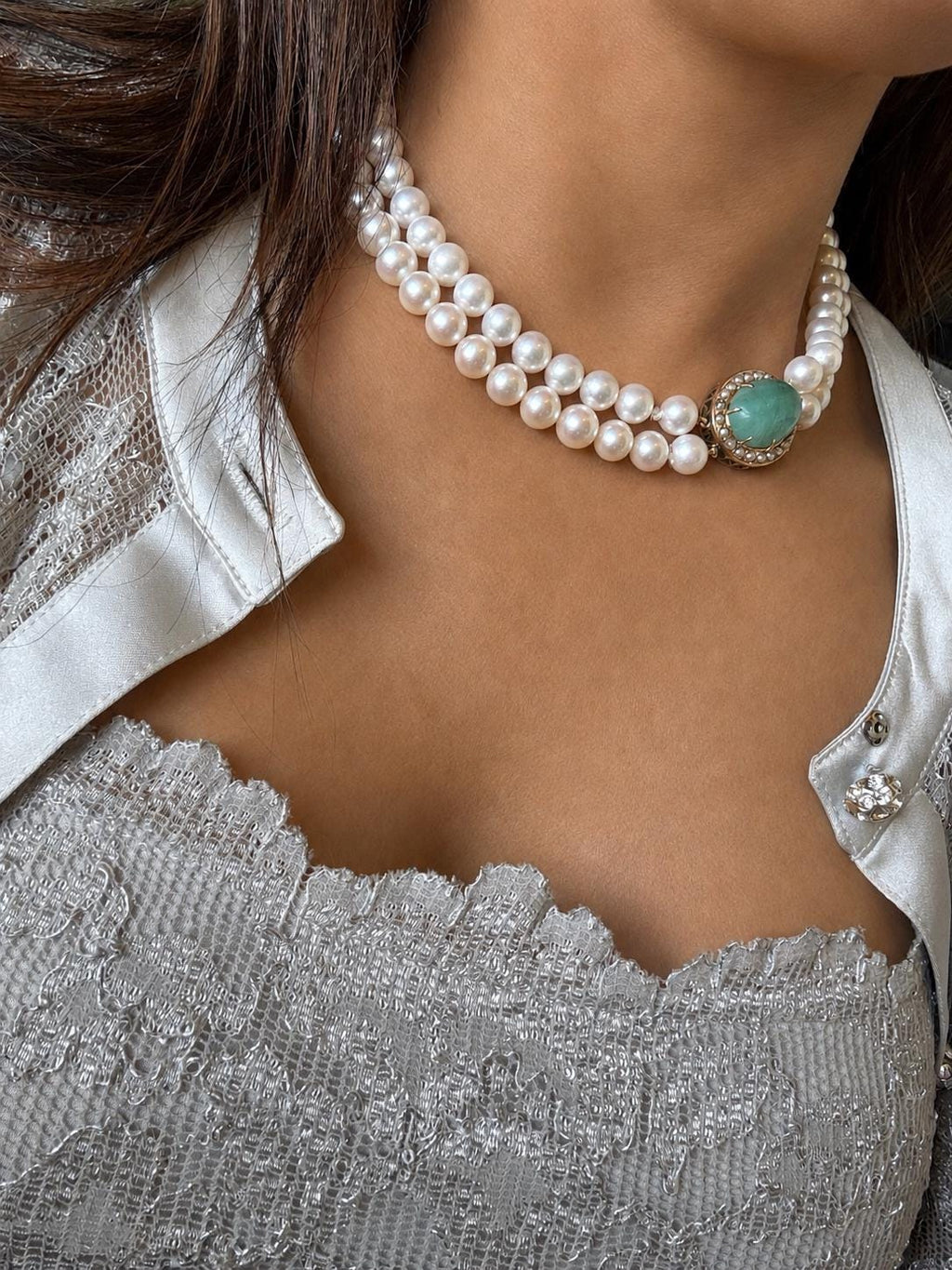 Vintage 14ct Yellow gold Aventurine Clasp AAA Freshwater Pearl Double Strand Necklace- N162A