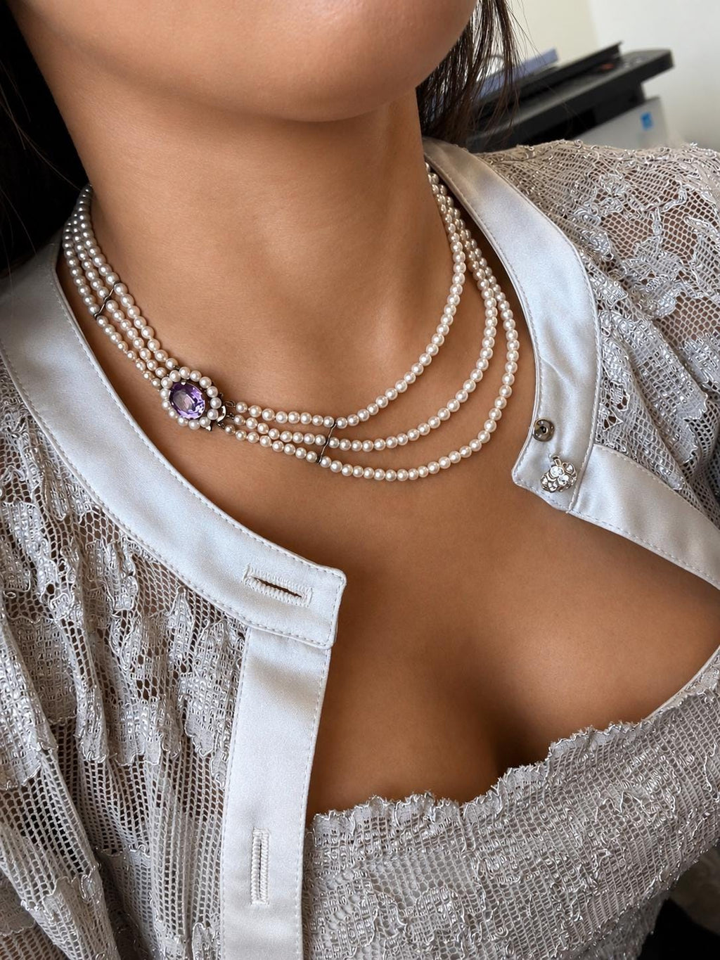 Vintage Estate 1960s 9ct Gold Amethyst Graduated Saltwater Akoya Pearl Necklace- N179A