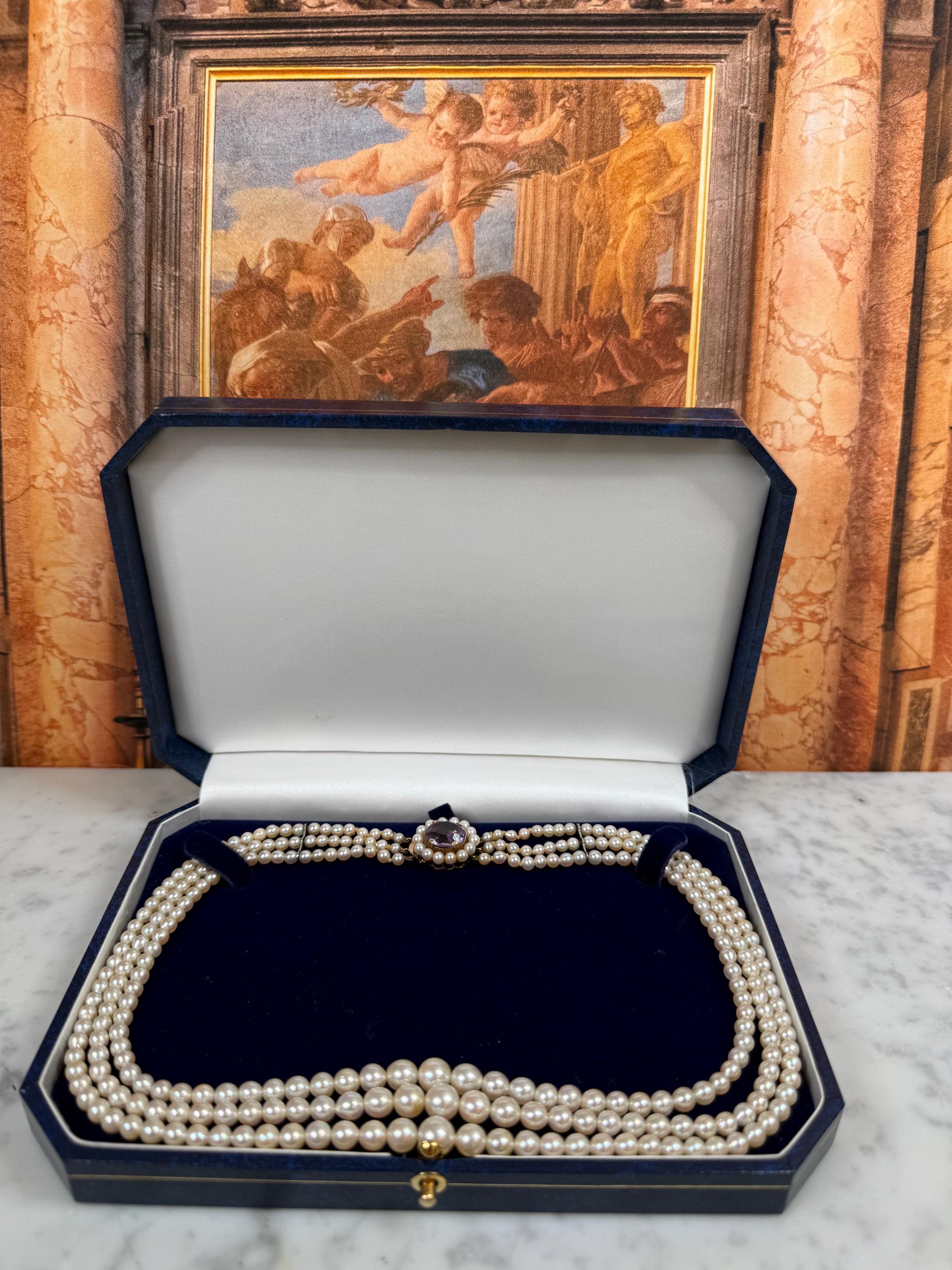Vintage Estate 1960s 9ct Gold Amethyst Graduated Saltwater Akoya Pearl Necklace- N179A