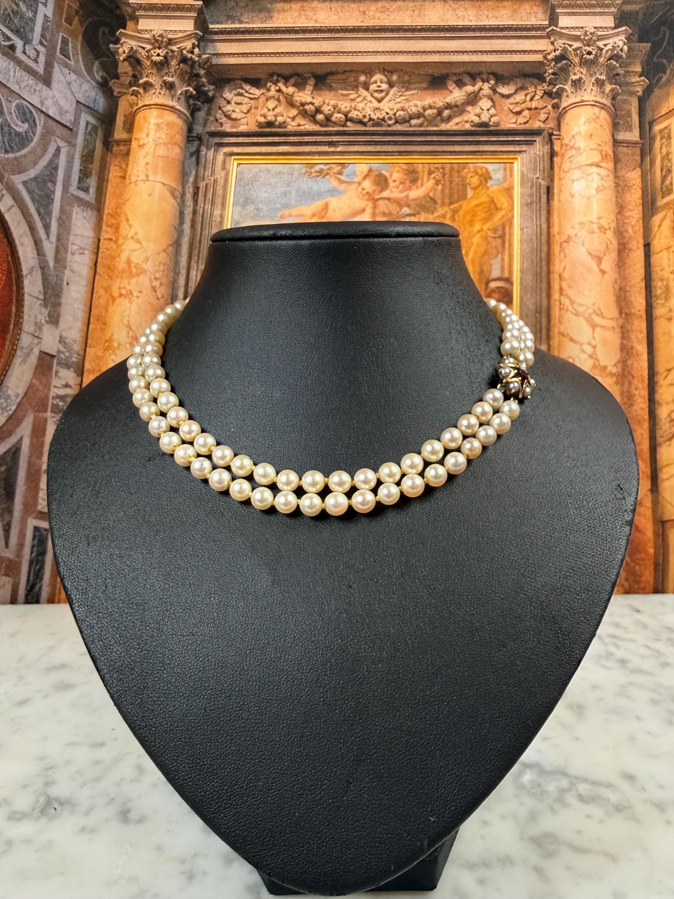Vintage Estate 9ct Gold Garnet Double Strand Japanese Akoya Pearl Necklace- N 177