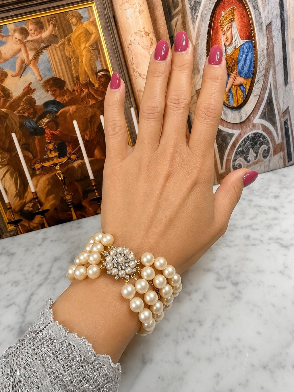 Estate Mid-Century 50s Four Strand South Sea Pearl Bracelet 9ct Gold diamond Clasp - B145