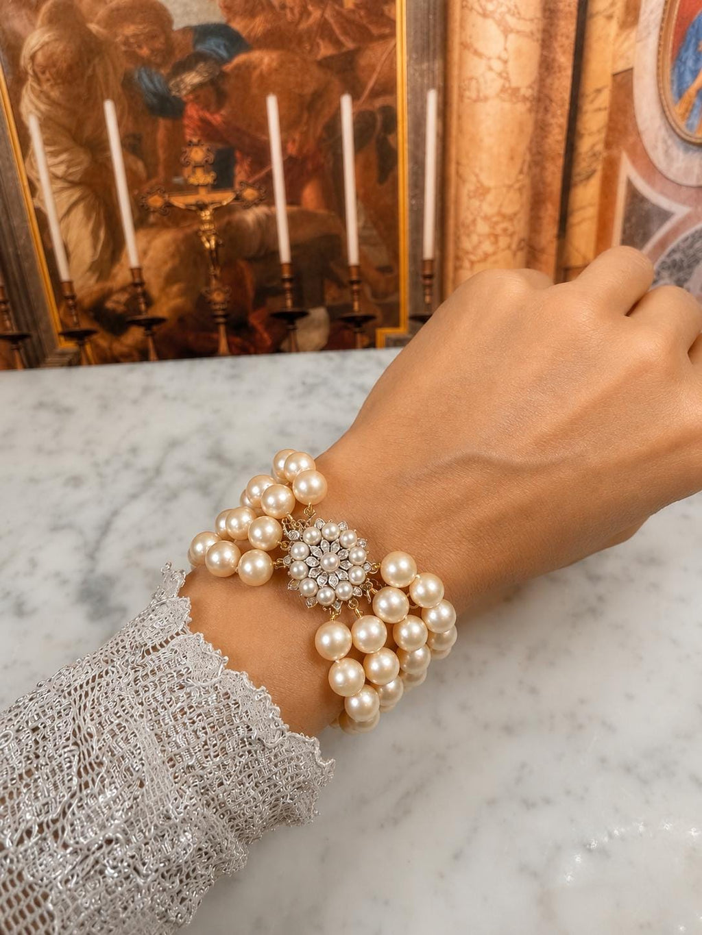 Estate Mid-Century 50s Four Strand South Sea Pearl Bracelet 9ct Gold diamond Clasp - B145