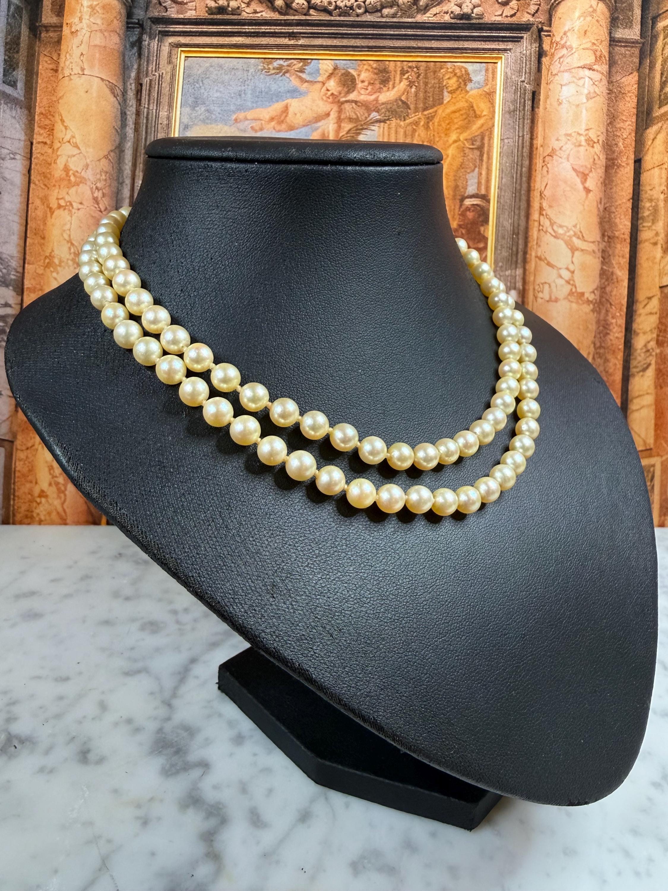 Vintage Art Deco 14ct Clasp Double Strand Saltwater Pearl Necklace in H.M The Queen Garrard Crown Jewellers Box - N174A