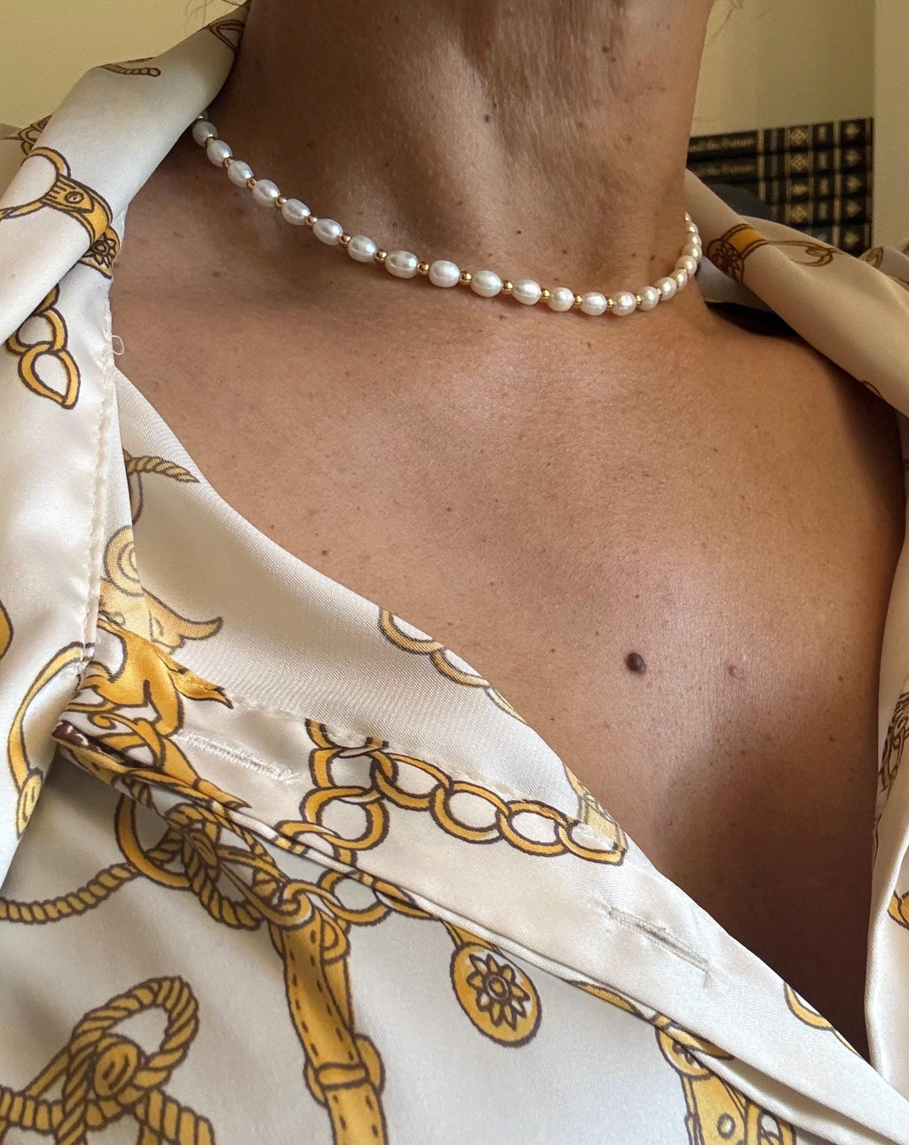 18Ct Yellow Gold Bead and Freshwater Pearl Necklace- N-078
