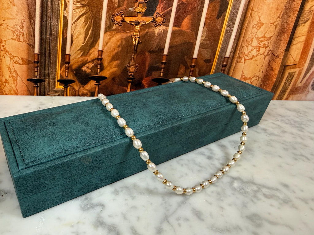 18Ct Yellow Gold Bead and Freshwater Pearl Necklace- N-078