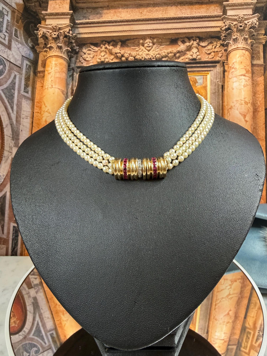 Vintage 18ct Gold Diamond Ruby Akoya Saltwater Pearl Triple Strand Choker Necklace - N089