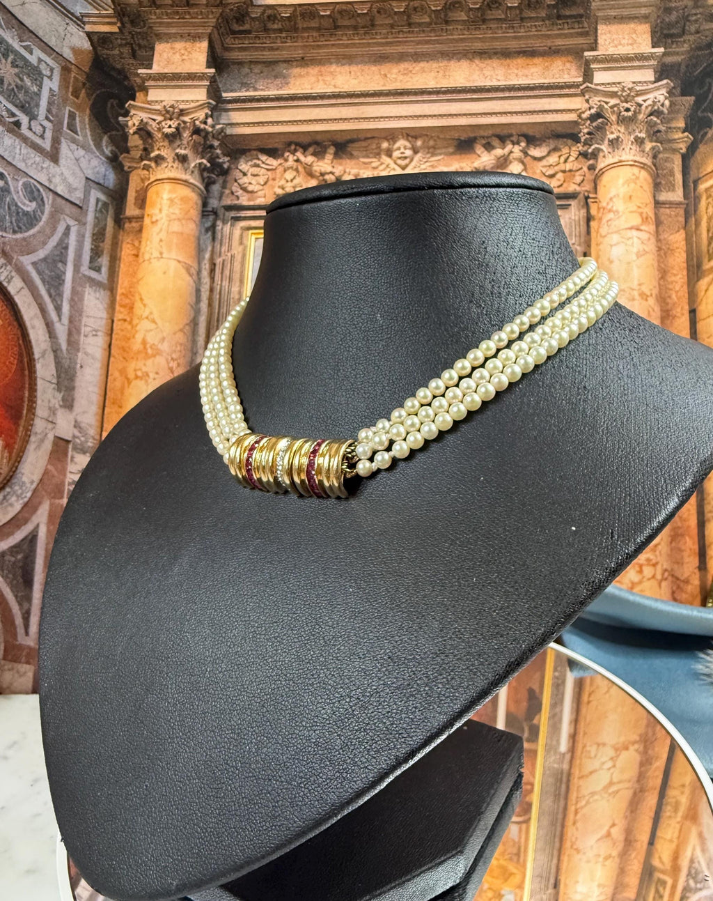 Vintage 18ct Gold Diamond Ruby Akoya Saltwater Pearl Triple Strand Choker Necklace - N089