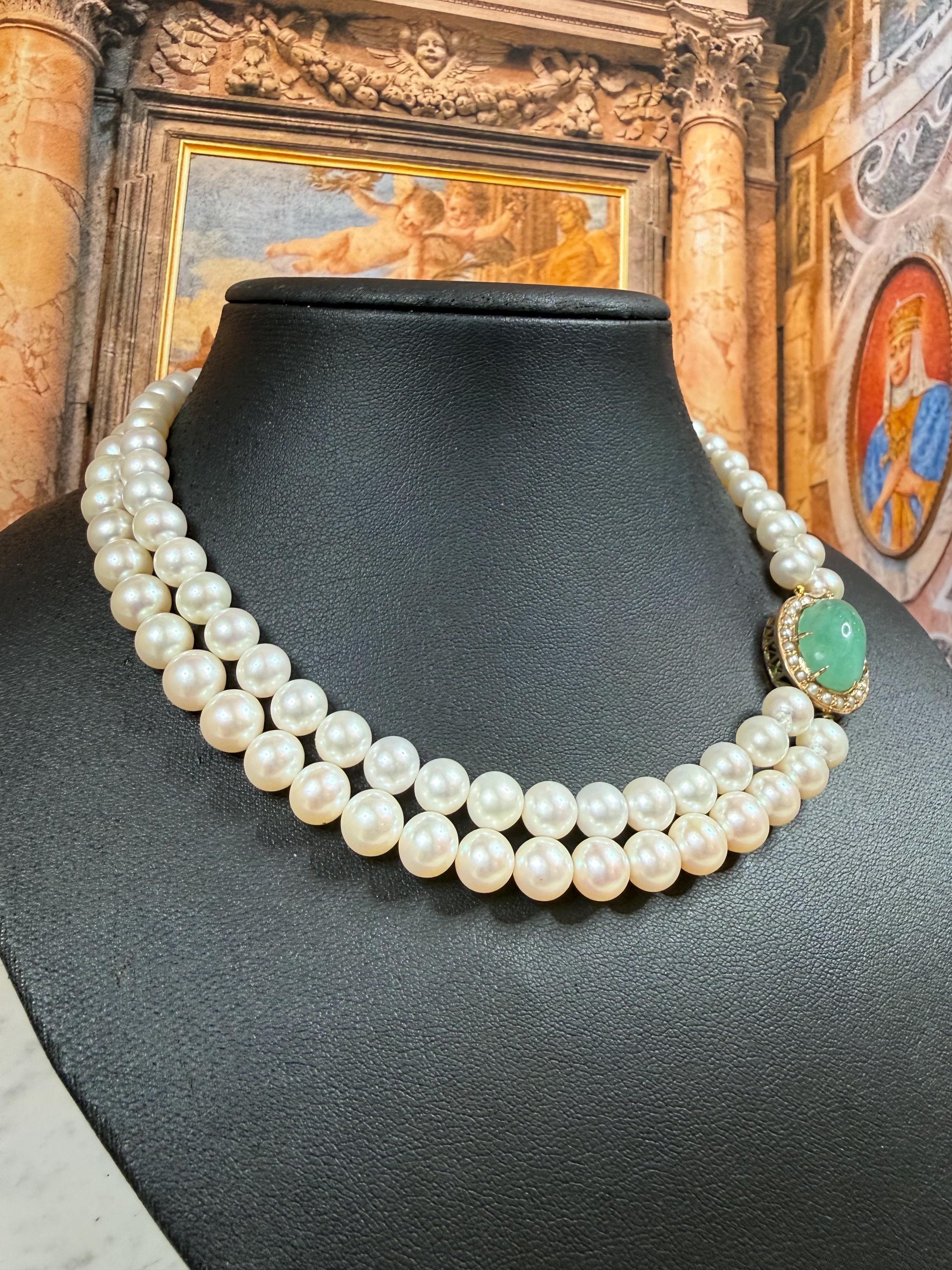 Vintage 14ct Yellow gold Aventurine Clasp AAA Freshwater Pearl Double Strand Necklace- N162A