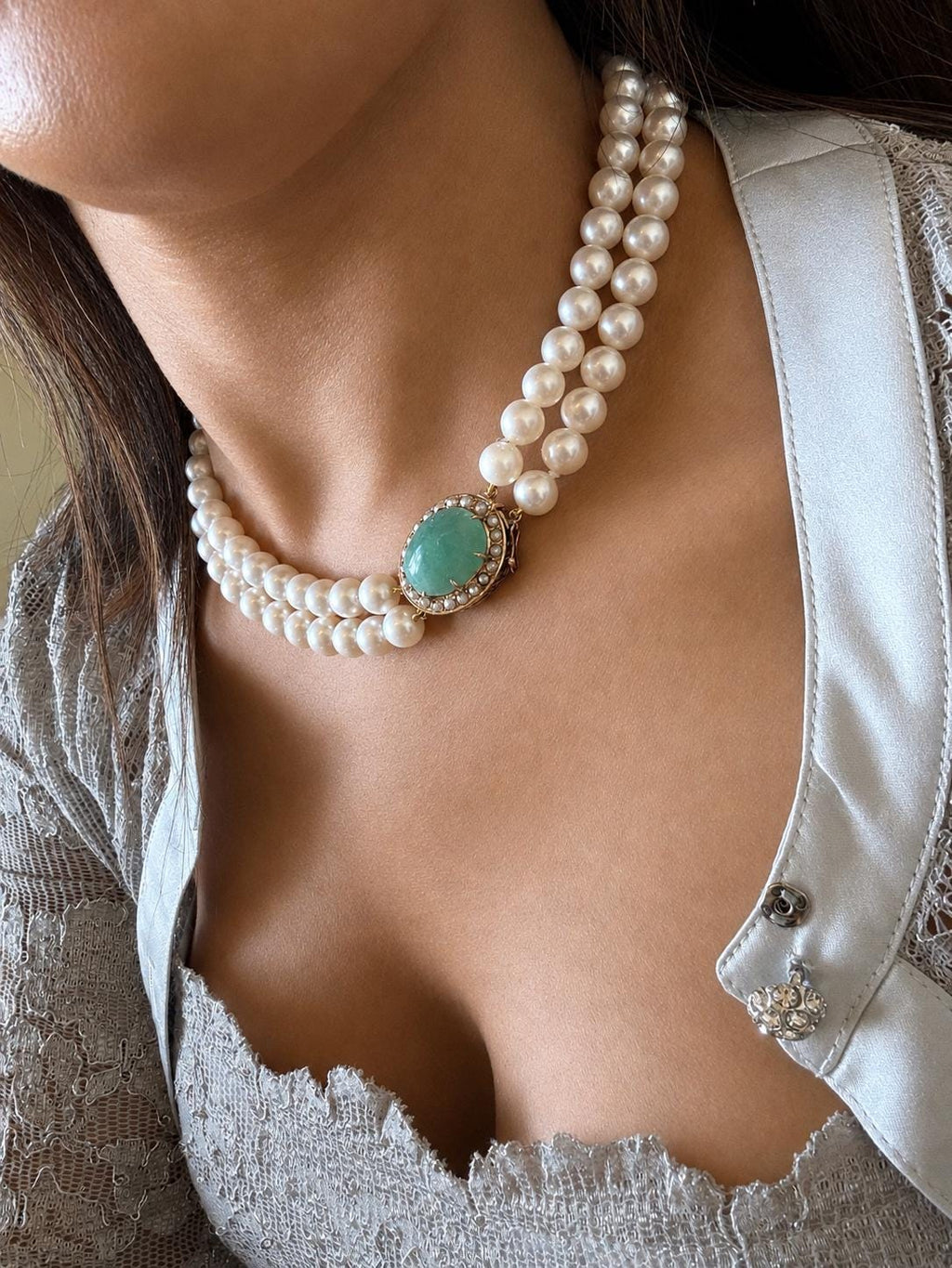 Vintage 14ct Yellow gold Aventurine Clasp AAA Freshwater Pearl Double Strand Necklace- N162A