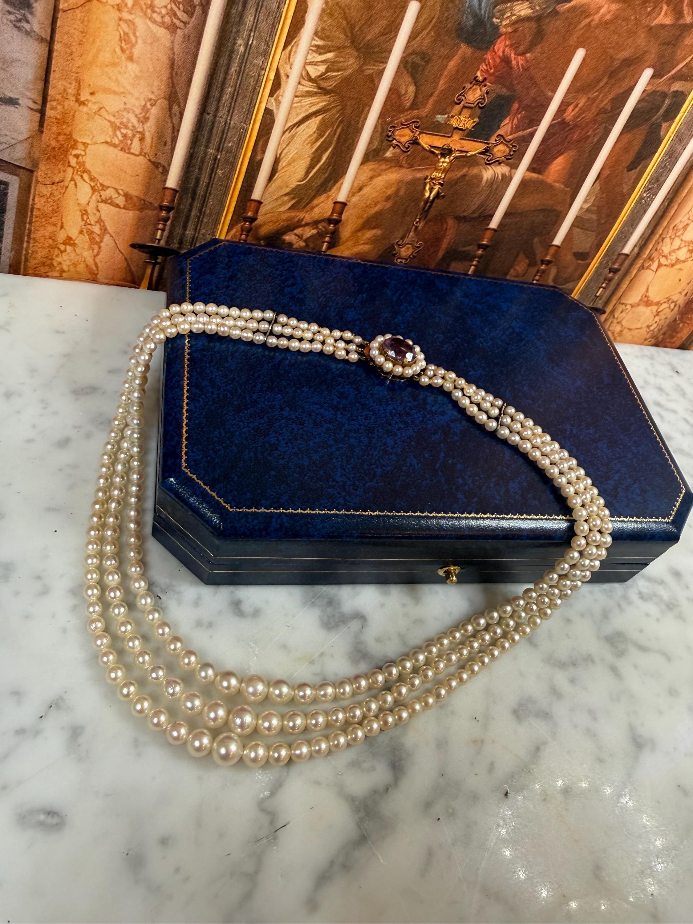 Vintage Estate 1960s 9ct Gold Amethyst Graduated Saltwater Akoya Pearl Necklace- N179A