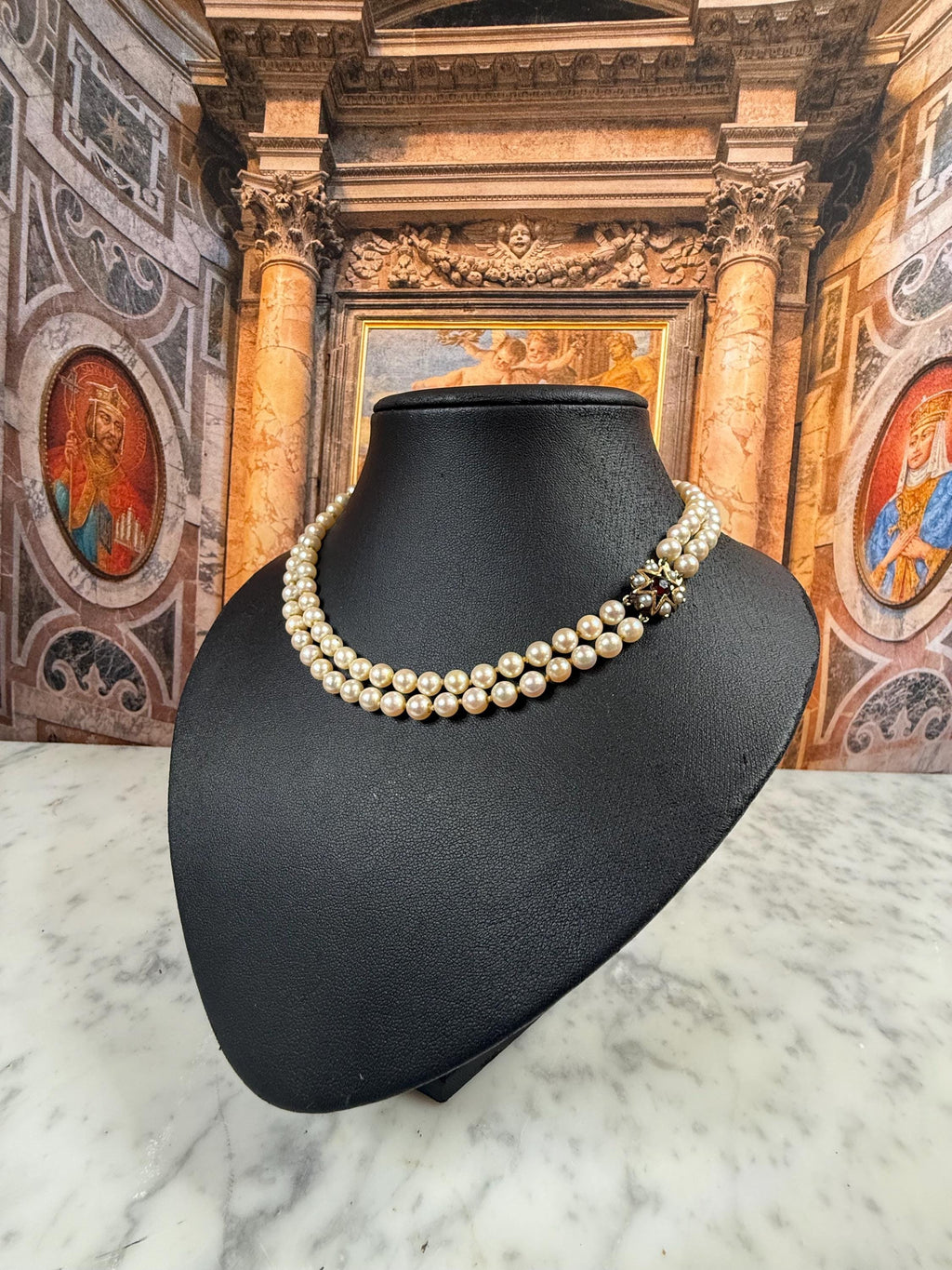 Vintage Estate 9ct Gold Garnet Double Strand Japanese Akoya Pearl Necklace- N 177