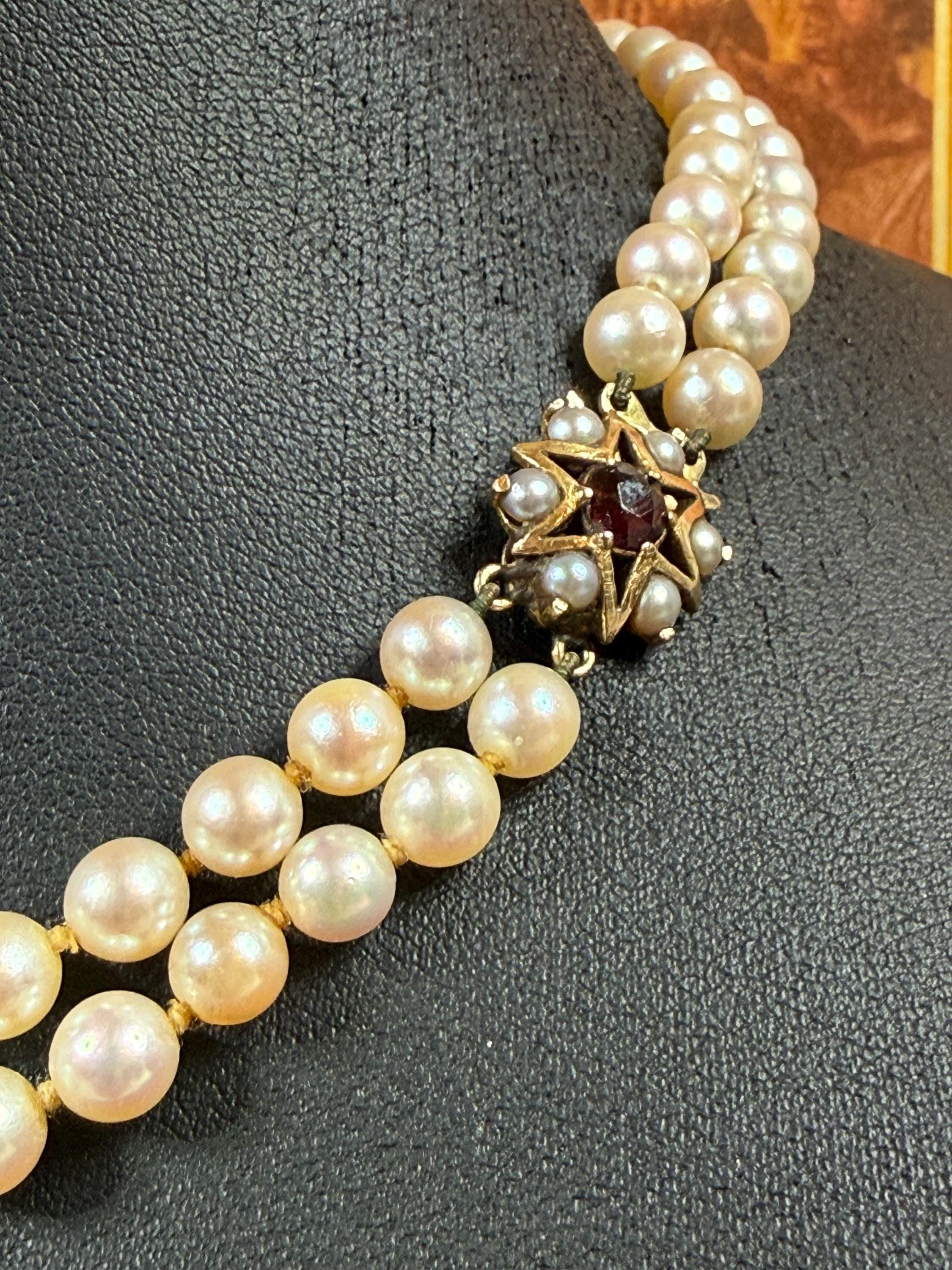 Vintage Estate 9ct Gold Garnet Double Strand Japanese Akoya Pearl Necklace- N 177