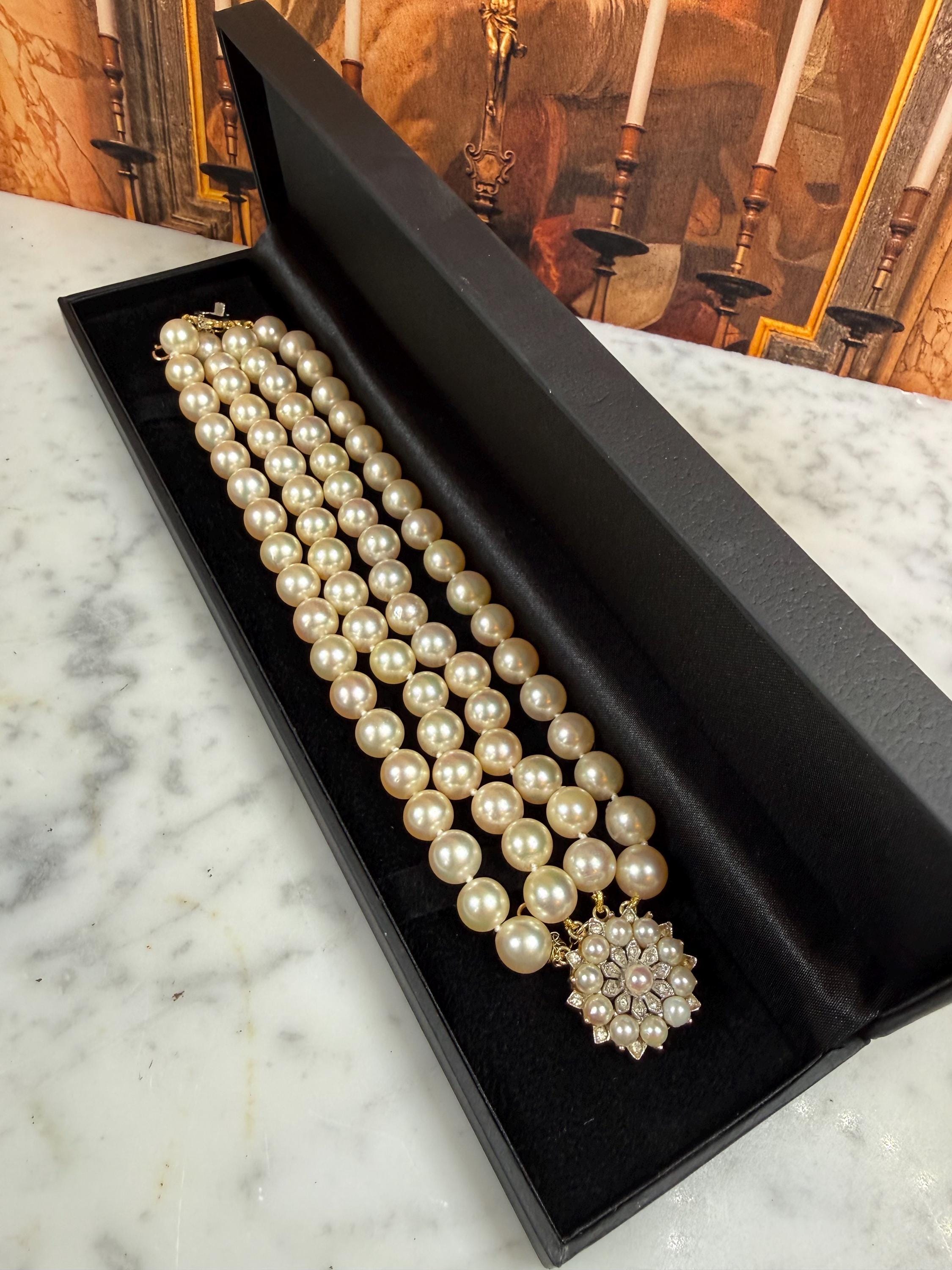 Estate Mid-Century 50s Four Strand South Sea Pearl Bracelet 9ct Gold diamond Clasp - B145