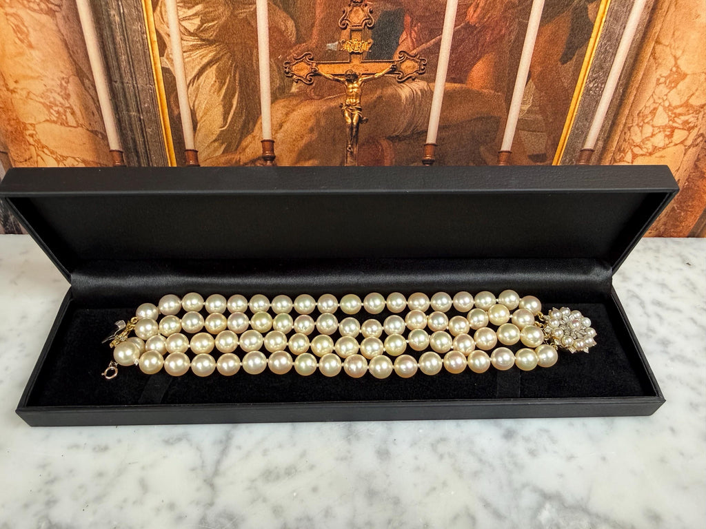 Estate Mid-Century 50s Four Strand South Sea Pearl Bracelet 9ct Gold diamond Clasp - B145
