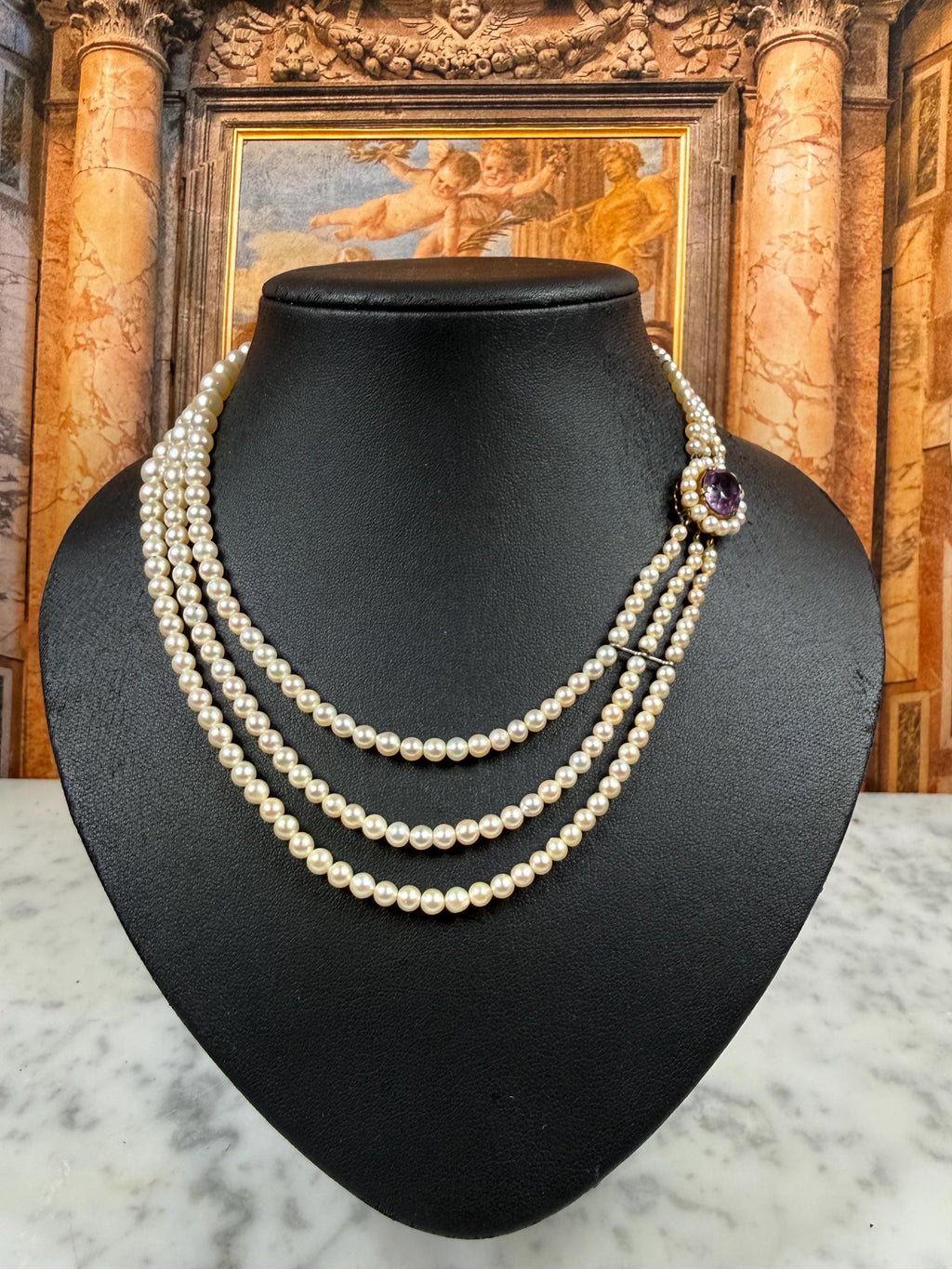 Vintage Estate 1960s 9ct Gold Amethyst Graduated Saltwater Akoya Pearl Necklace- N179A